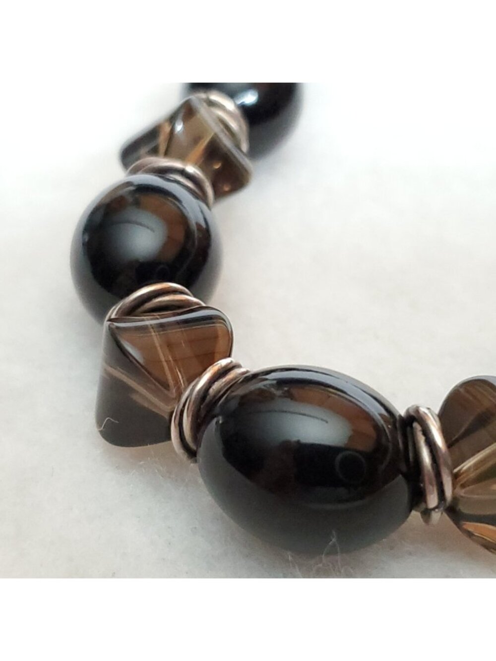 Chunky Glass Beaded Necklace Sterling Silver Smokey Gray Brown Heavy 18"